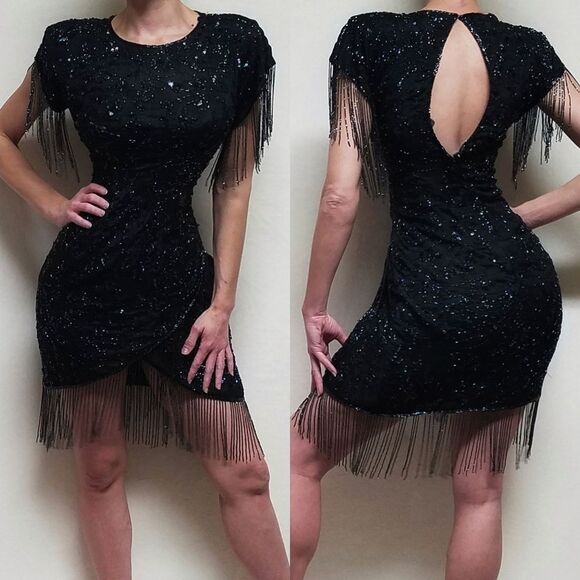 Vintage Augustus Impressions Hand Beaded Sequin Black Silk Fringe Flapper Dress - Picture 1 of 16